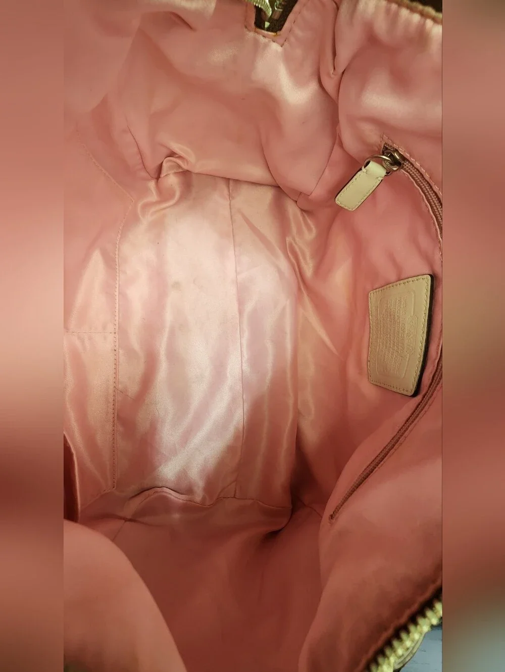 Coach Beige Signature Satchel with Pink and White Stripes